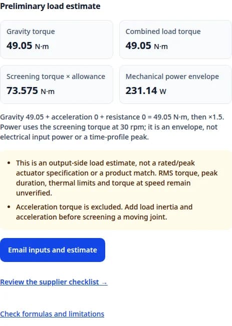 Robot joint calculator output: 73.575 N·m screening torque and 231.14 W mechanical power for 10 kg at a 0.5 m gravity arm and 30 rpm